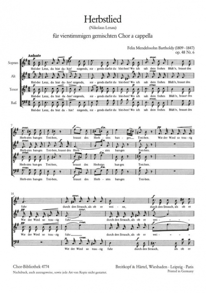 Holder Lenz, du bist dahin (Herbstlied) op.48,6 für gem Chor a cappella