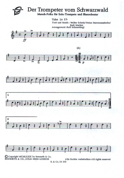 Der Trompeter vom Schwarzwald / Der Kellermeister für Trompete bzw. Tuba und Blasorchester