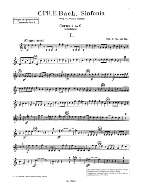 Sinfonia Wq174 für Streichorchester (Flöten und Hörner ad lib)