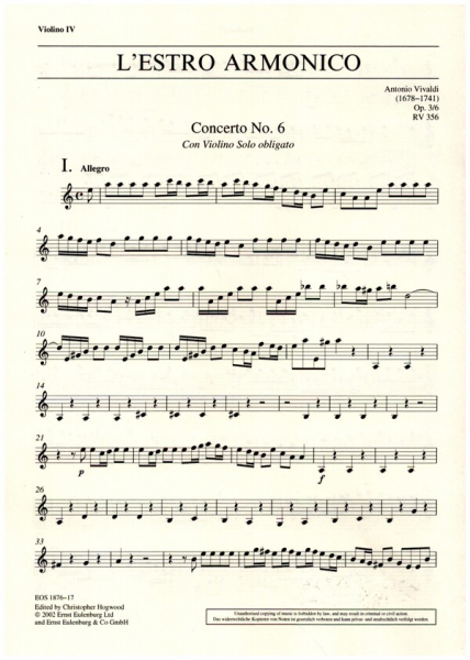 Konzert a-Moll L'Estro Armonico op.3,6 RV356 für Violine, Streicher und Bc