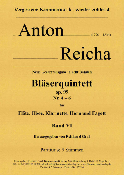 Bläserquintette op.99 Band 6 (Nr.4-6) für Flöte, Oboe, Klarinette, Horn und Fagott