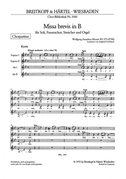 Mssa brevis D-Dur KV275 für Soli, Frauenchor und Streicher