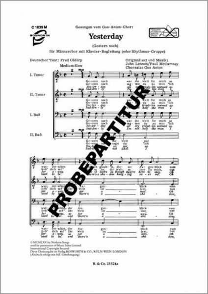 Yesterday für Männerchor und Klavier