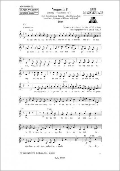 Vesper F-Dur für 3 Solostimmen Frauen- oder Knabenchor, Streicher,