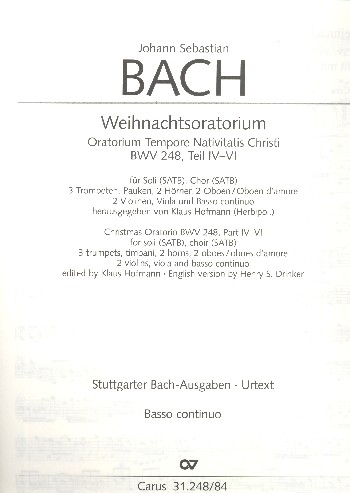 Weihnachtsoratorium BWV248 Teil 4-6 für Soli, gem Chor und Orchester