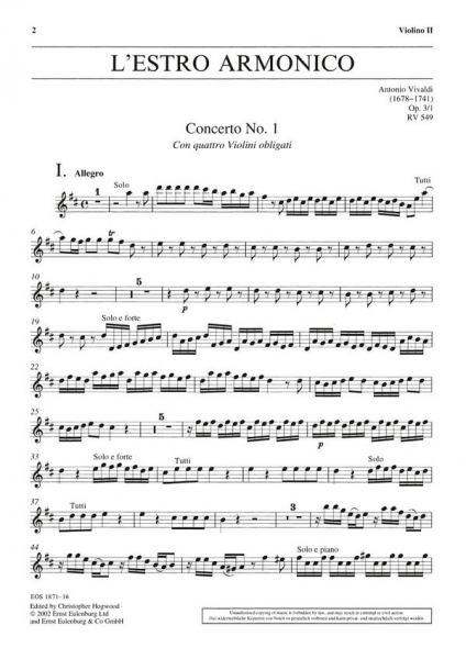 Konzert D-Dur op.3,1 RV549 für 4 Violinen, Streicher und Bc
