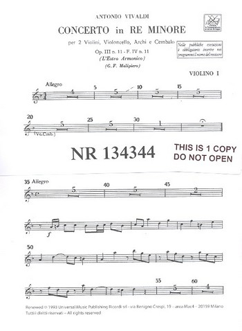 Konzert d-Moll op.3,11 für 2 Violinen, Violoncello, Streicher und Bc