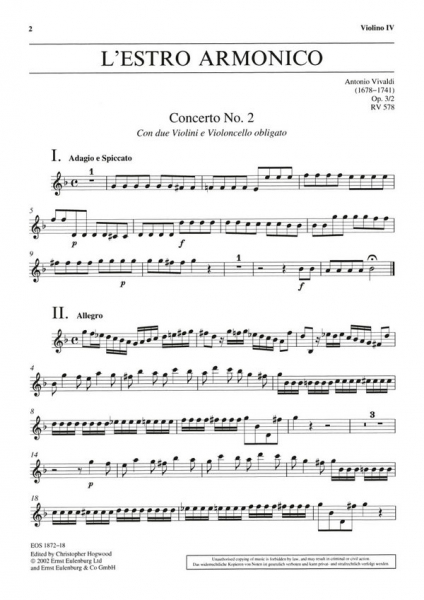 Konzert g-Moll op.3,2 RV578 für 2 Violinen, Violoncello, Streicher und Bc