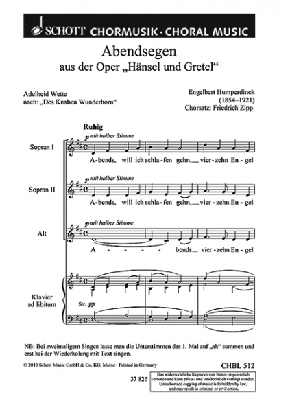 Abendsegen aus Hänsel und Gretel für Frauenchor (SSA)