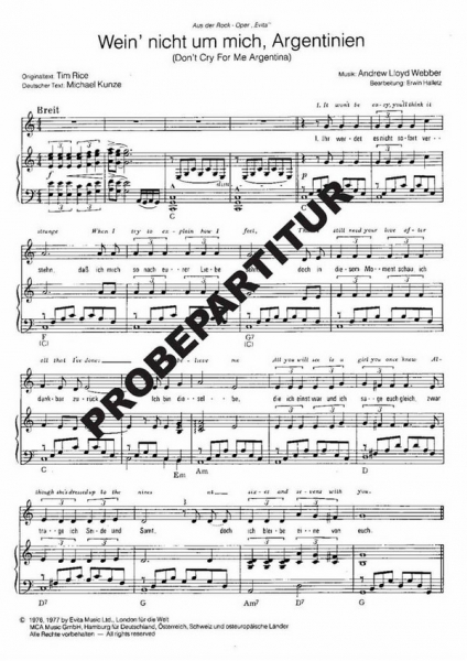Wein nicht um mich Argentinien für gem Chor und Klavier