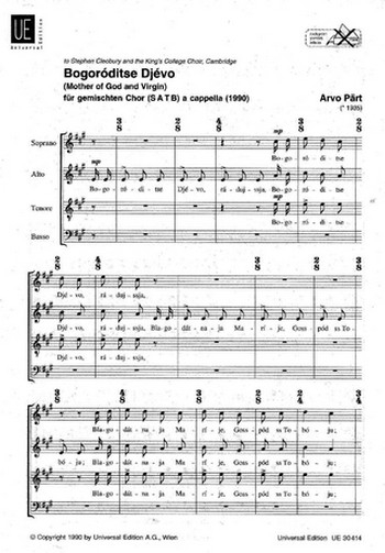 Bogoroditse djevo für gem Chor a cappella Partitur