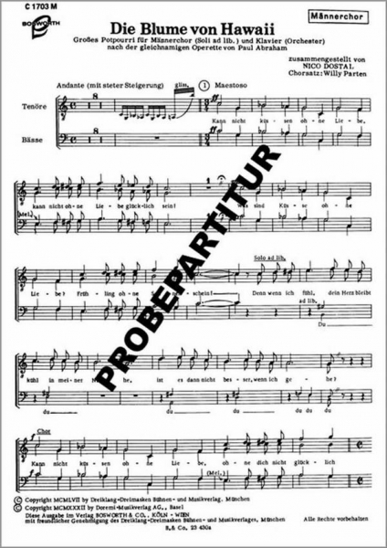 Blume von Hawaii großes Potpourri für TTBB Chor und Orchester, Soli ad lib