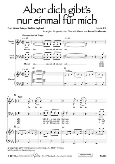 Aber dich gibt&#039;s nur einmal für mich für Männerchor (TBB) und Klavier