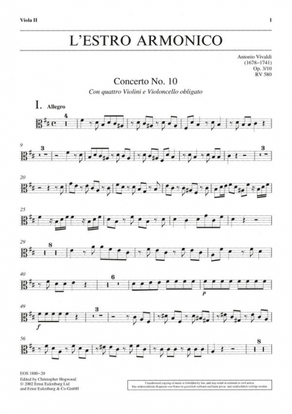 Konzert h-Moll L'Estro Armonico op.3,10 RV580 für 4 Violinen, Streicher und Bc
