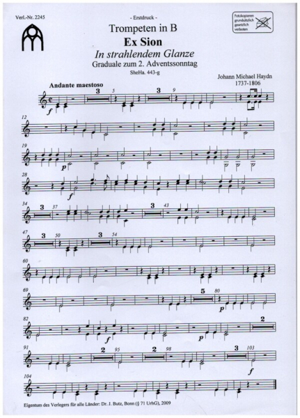 Ex Sion für gem Chor, 2 Trompeten, Violoncello und Orgel (2 Violinen ad lib)