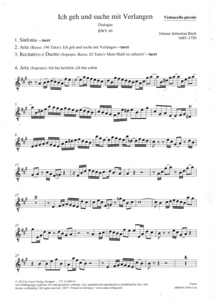 Ich geh und suche mit Verlangen BWV49 für Soli (SB), Ob d'amore, 2Vl, Va, Vc piccolo, obl.Orgel und