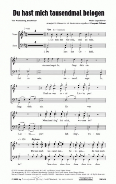 Du hast mich tausendmal belogen für Männerchor und Klavier