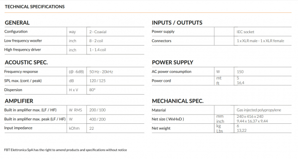 Lautsprecher Aktiv FBT Canto 8CA