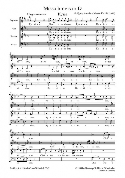 Missa brevis D-Dur KV194 für Soli, Chor und Orchester