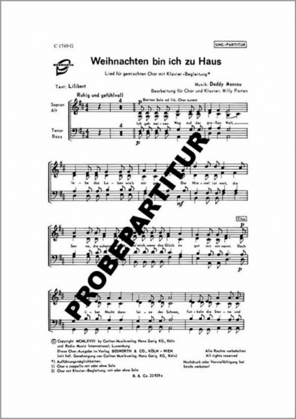 Weihnachten bin ich zu Haus für gem Chor und Klavier