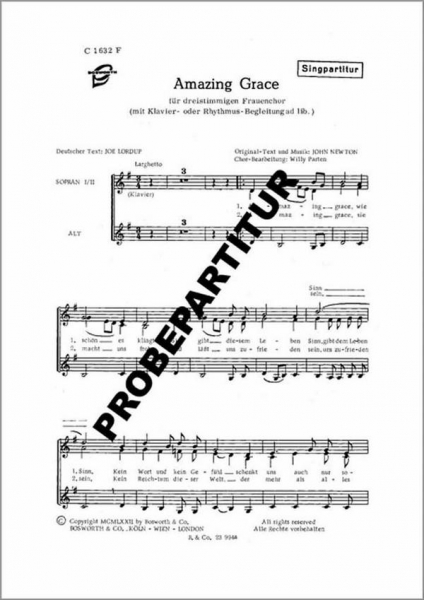 Amazing Grace für 3-stg Frauenchor (SSA) mit Klavier- oder RHYTHMUS-Begleitung ad li