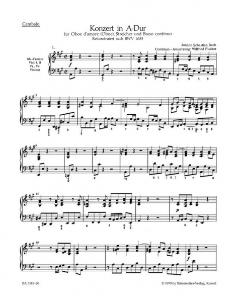 Konzert A-Dur BWV1055 für Oboe d'amore (Oboe), Streicher und Bc