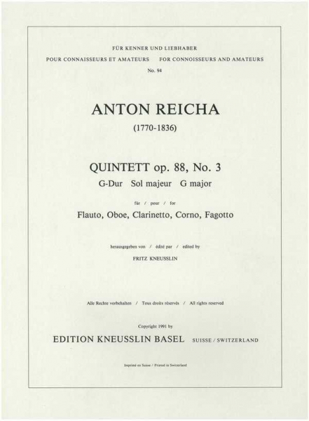 Quintett G-Dur op.88,3 für Flöte, Oboe, Klarinette, Horn und Fagott