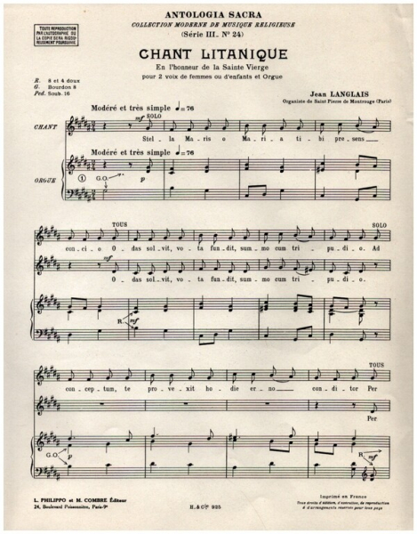 Chant litanique (Sainte Vierge) pour 2 voix de femmes (d&#039;efants) et orgue