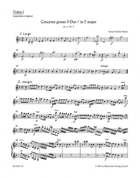 Concerto grosso F-Dur op.6,9 HWV327 für Orchester