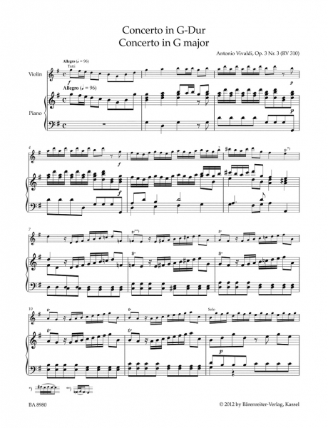 Solo für Violine Concerto G-Dur OP 3/3 RV 310 PV 96