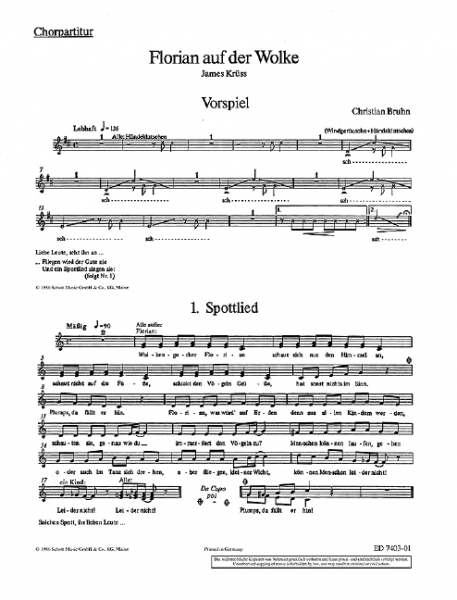 Florian auf der Wolke für Kinderchor mit Sprecher, 5 Solostimmen, 2-3 Melodie-Instrumente in