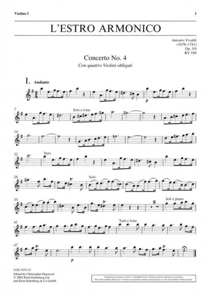 Konzert e-Moll op.3,4 RV550 für Streichorchester mit 4 Violinen