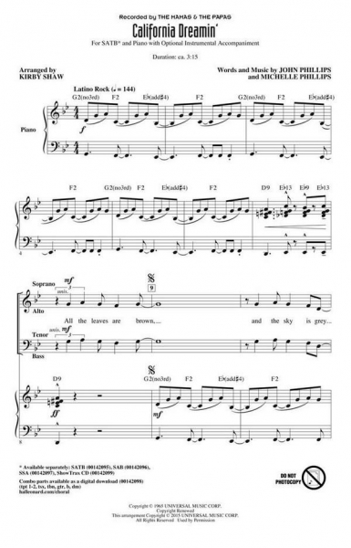 California Dreamin' for mixed choir and piano