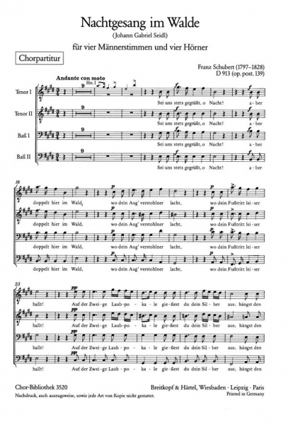 Nachtgesang im Walde D913 für Männerchor und 4 Hörner
