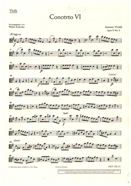 Concerto Nr. 6 op. 10/6 RV 437/PV 105 für Flöte (Alt-Blockflöte), Streichorchester und Basso continu