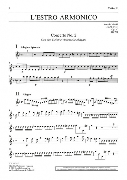 Konzert g-Moll op.3,2 RV578 für 2 Violinen, Violoncello, Streicher und Bc