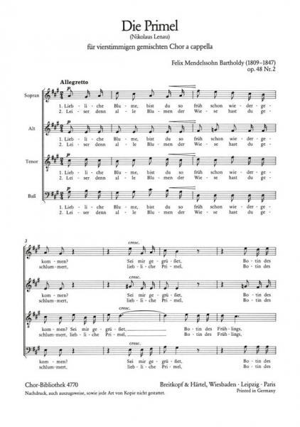 Die Primel &#039;Liebliche Blume&#039; OP.48,2 für gem Chor a cappella