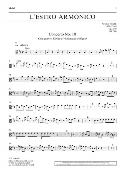 Konzert h-Moll L'Estro Armonico op.3,10 RV580 für 4 Violinen, Streicher und Bc