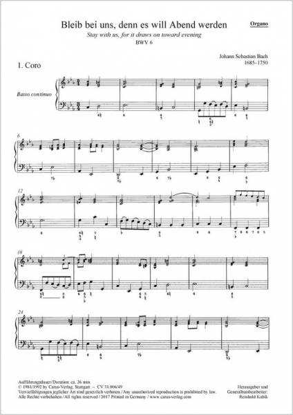 Bleib bei uns denn es will Abend werden Kantate Nr.6 BWV6