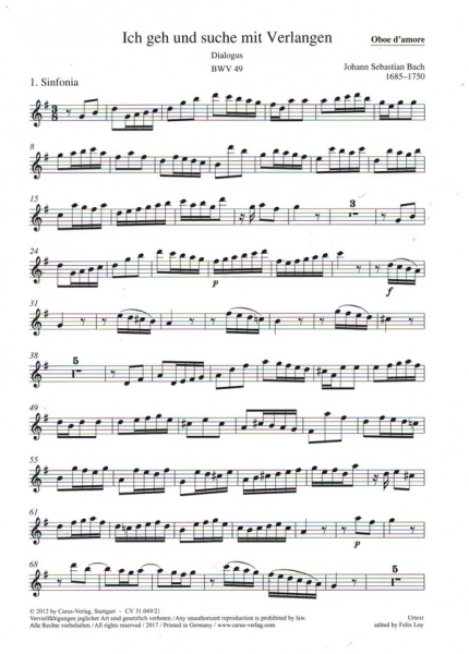 Ich geh und suche mit Verlangen BWV49 für Soli (SB), Ob d'amore, 2Vl, Va, Vc piccolo, obl.Orgel und