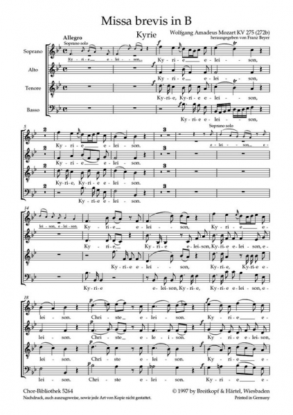 Missa brevis B-Dur KV275 für Soli, gem Chor, Streicher und Orgel