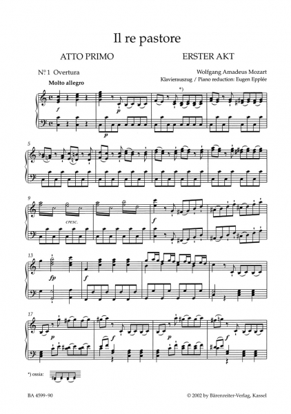 Klavierauszug Il re pastore KV 208