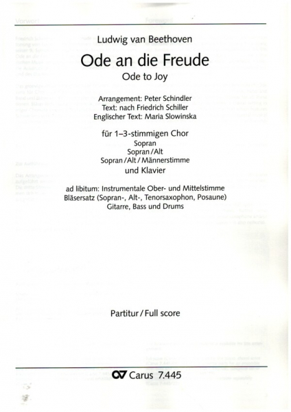 Ode an die Freude für 1-3 stimmigen Chor (SAM) und Klavier (Bläser/Band ad lib)