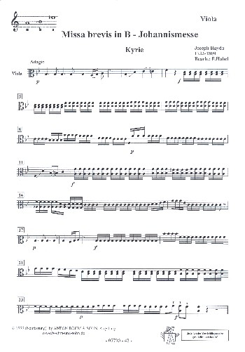 Missa brevis B-Dur 'in honorem sancti Joannes de deo' für gem Chor, Streicher und Orgel