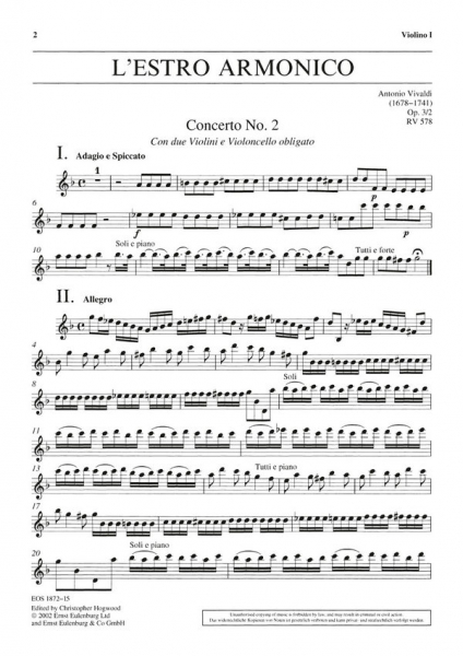 Konzert g-Moll op.3,2 RV578 für 2 Violinen, Violoncello, Streicher und Bc