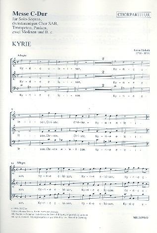 Messe C-Dur für Sopran, gem Chor, 2 Trompeten, 2 Violinen, Pauken und Bc