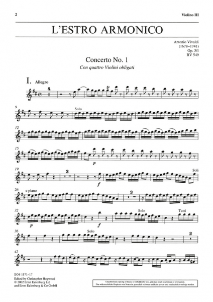 Konzert D-Dur op.3,1 RV549 für 4 Violinen, Streicher und Bc