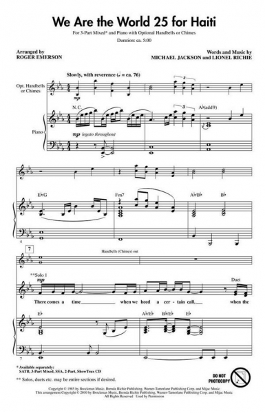We are the World (25 for Haiti) for mixed choir (SAB) and piano